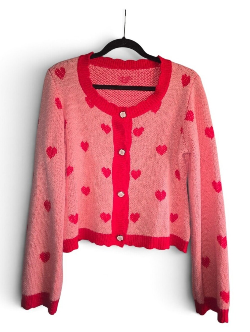 Pink Heart Print Button-Front Women's Sweater